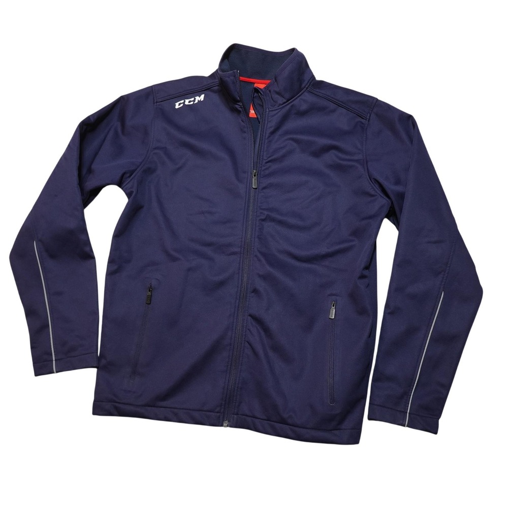 CCM Jacket Mens Large Blue Full Zip Softshell Hockey Windbreaker Reflective